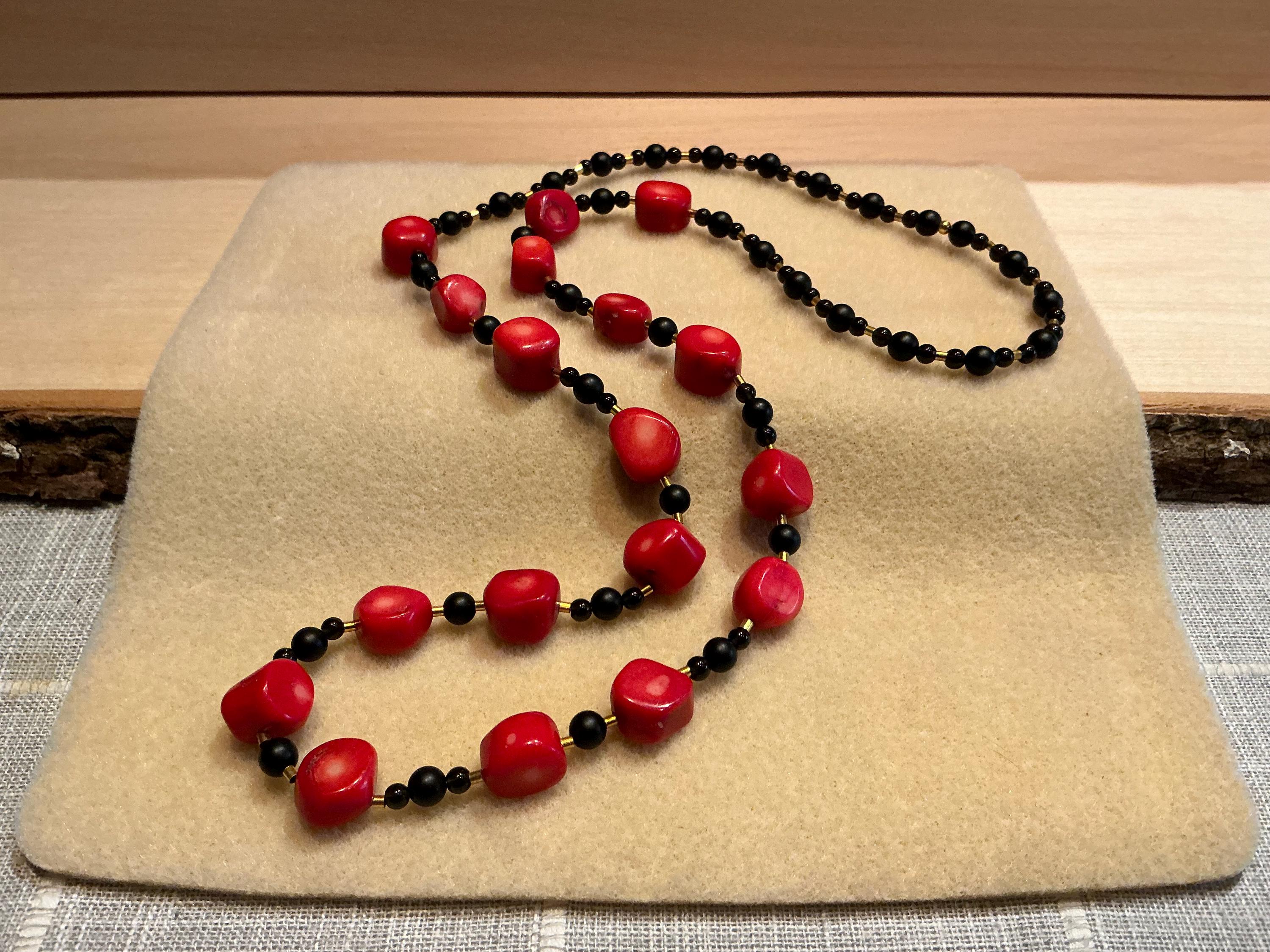 Collier En Corail Rouge Naturel Et Onyx Noir - Argent 925 - 54 Cm - Neuf Avec étiquettes