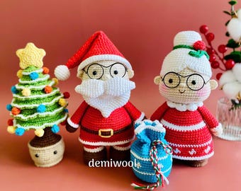 4-in-1 gehaakt kerstfamiliepatroon – kerstman, mevrouw de kerstman, boom, cadeau (pdf-patroon)