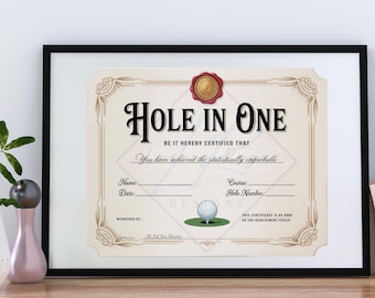 Certificado de hoyo en uno, premio al logro de golf, premio del torneo (descarga digital)