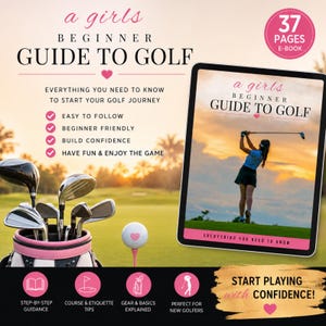 Könnte beinhalten: Ein digitales E-Book mit dem Titel A Girls Beginner Guide to Golf mit 37 Seiten, das ein Tablet mit einer Golferin auf einem Platz, eine Golftasche mit Schlägern und einen Golfball auf einem Tee zeigt. Das Design enthält rosa Akzente, Text und Symbole.