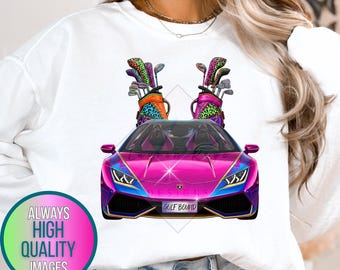 Gráfico de golf con coche deportivo retro, imágenes prediseñadas de palos de golf coloridos, diseño para camisetas (descarga digital)