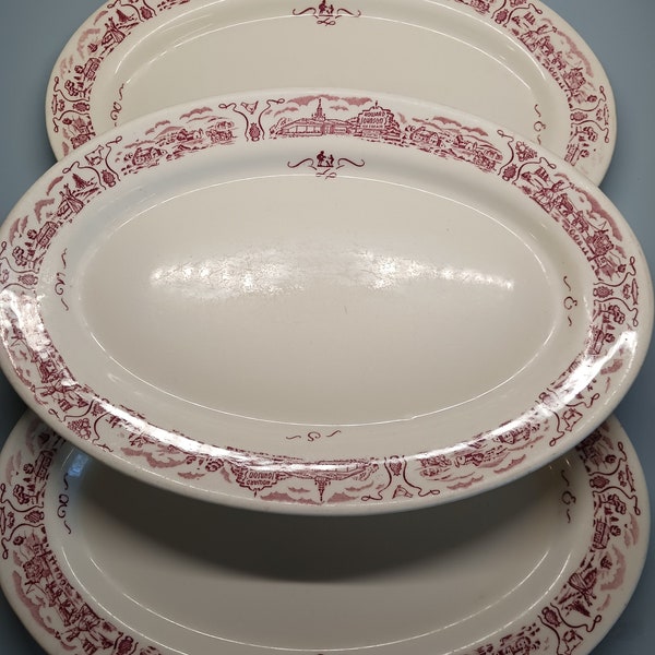 3 HOWARD JOHNSON PLATES  Red Oval Chop Plates,Mid Century Restaurant Ware,Caribe China,Route 66 Nostalgia