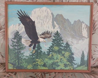 SOARING EAGLE LANDSCAPE  Lg Paint by Number,1960's,16 x 20,Mountains & Forrest Sceanery,Skinny Wood Frame no Glass