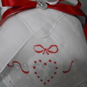 Bridal Ring Bearer Pillow using Vintage Valentine Hankie, VALENTINE WEDDING,White Embroidered Hankie w/ Red Satin Bow and Organza Pouf. image 2