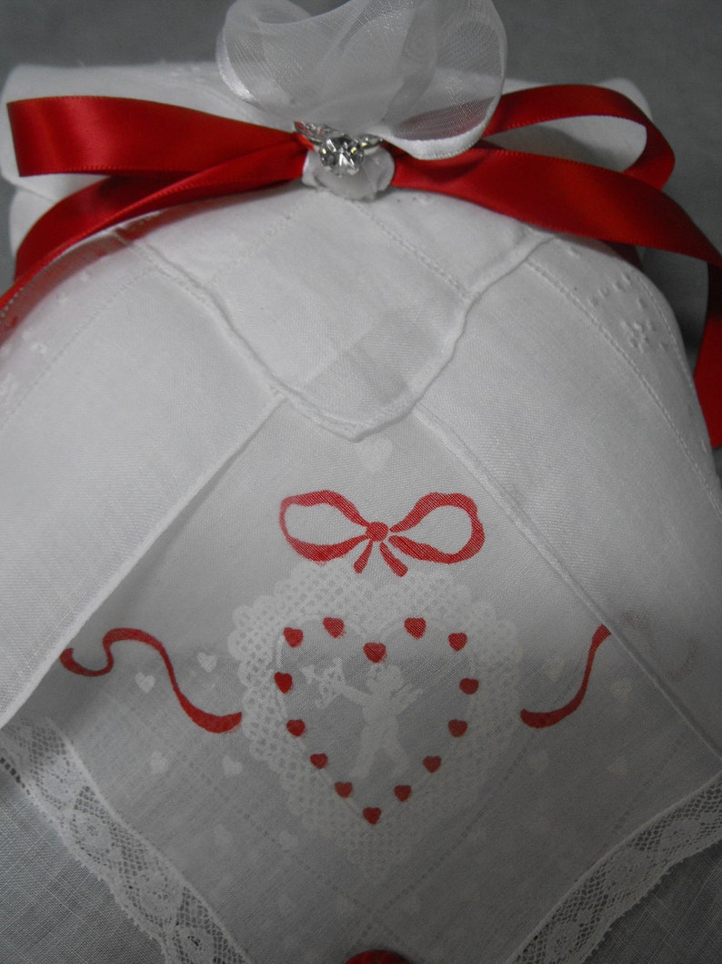 Bridal Ring Bearer Pillow using Vintage Valentine Hankie, VALENTINE WEDDING,White Embroidered Hankie w/ Red Satin Bow and Organza Pouf. image 2