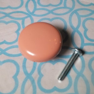 May include: A pink round cabinet knob with a silver screw.