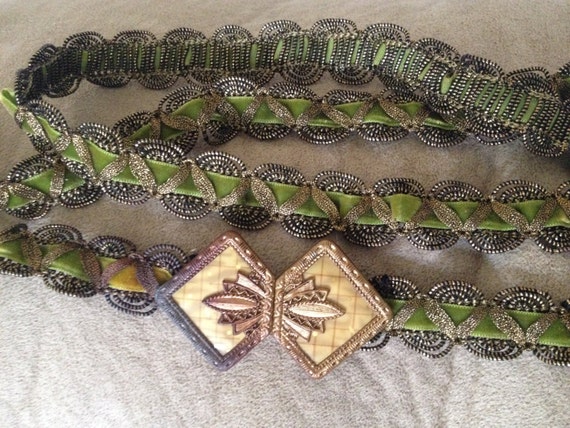Art Deco METALIC GREEN BELT, Olive Green Velvet w