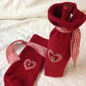 1 Red FLEECE WINE SLEEVE, Valentine Heart Wine Bag, Upcycled Fleece Wine Sleeve,Gingham Heart,Hostess Gift, Valentine Gift, Wedding Gift, image 1