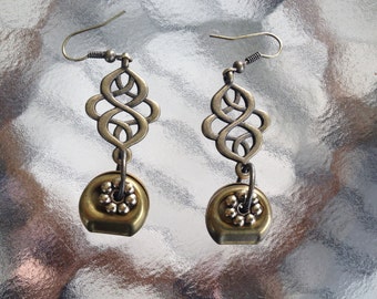 Antique HARDWARE EARRINGS, Ooak,Boho Jewelry,Repurposed Keeler Brass Cabinet Catch,Swirly Connectors,Gifts,Steampunk,Industrial Jewelry