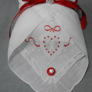 Bridal Ring Bearer Pillow using Vintage Valentine Hankie, VALENTINE WEDDING,White Embroidered Hankie w/ Red Satin Bow and Organza Pouf. image 1