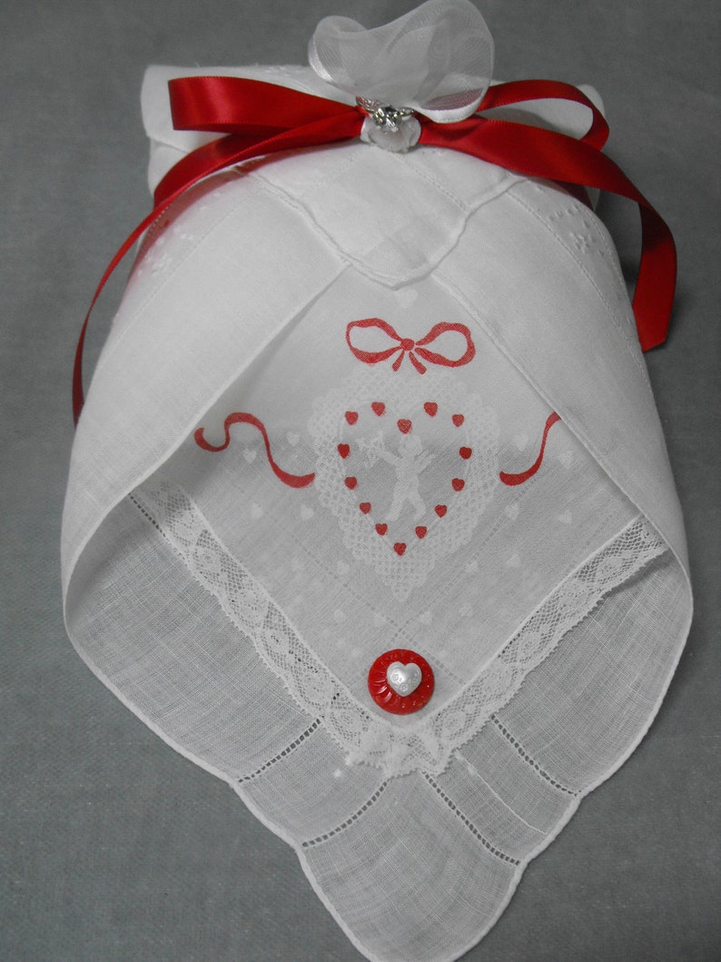 Bridal Ring Bearer Pillow using Vintage Valentine Hankie, VALENTINE WEDDING,White Embroidered Hankie w/ Red Satin Bow and Organza Pouf. image 1