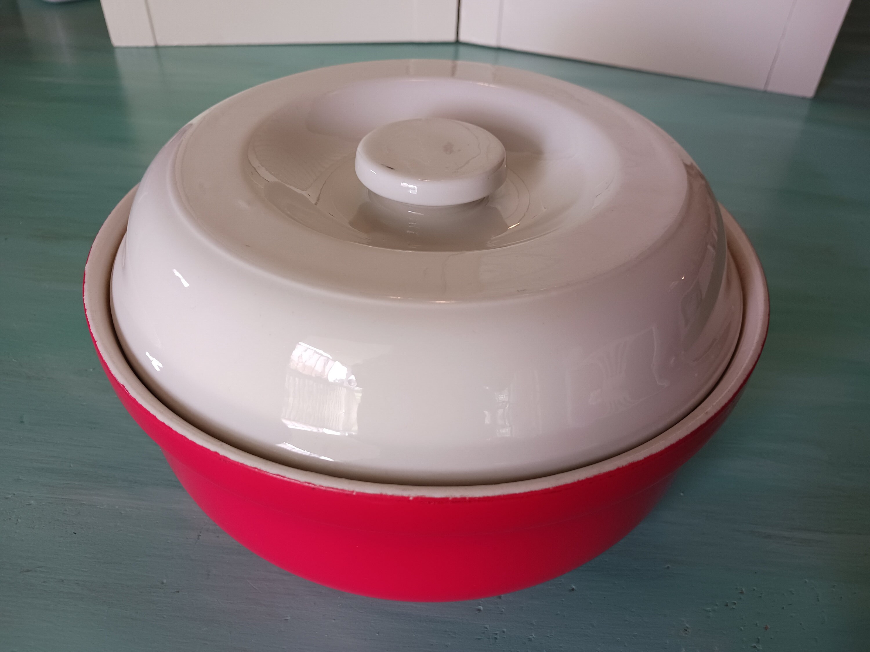 HALL'S RED CASSEROLE  Covered Casserole Dish,1930's Ovenware,Heavy Round Porcelain Casserole,8.25",Hall's Superior Quality Kitchenware,U S A