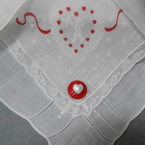 Bridal Ring Bearer Pillow using Vintage Valentine Hankie, VALENTINE WEDDING,White Embroidered Hankie w/ Red Satin Bow and Organza Pouf. image 3