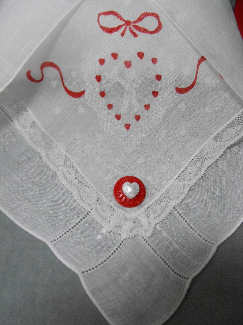Bridal Ring Bearer Pillow using Vintage Valentine Hankie, VALENTINE WEDDING,White Embroidered Hankie w/ Red Satin Bow and Organza Pouf. image 3