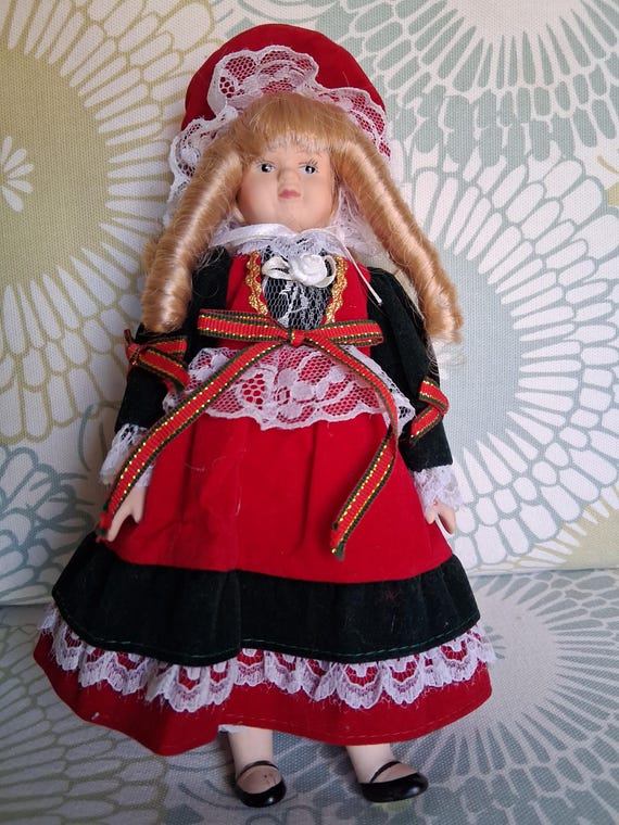 PORCELAIN ETHNIC DOLL Red /Black Velvet Dress,Long Blond Curls,9" Vintage  Doll,Victorian Doll