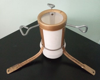 MCM TREE STAND Christmas,Mid Century Tree Stand,White/Gold Tree Stand,White Ribbed Plastic Holder w/ 3 Gold legs,7' Tree or Less,Reduced!