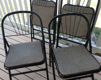 4 MCM FOLDING CHAIRS  Black and Charcoal Metal Folding Chairs,4 Vintage Hampdon Folding Chairs,Extra Seating,Black Patio Chairs,Dining Chair