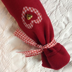 1 Red FLEECE WINE SLEEVE, Valentine Heart Wine Bag, Upcycled Fleece Wine Sleeve,Gingham Heart,Hostess Gift, Valentine Gift, Wedding Gift, image 3