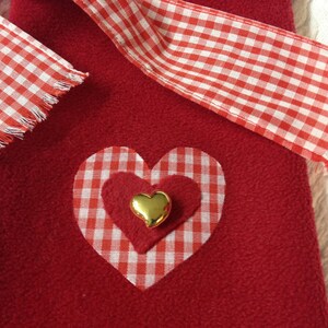 1 Red FLEECE WINE SLEEVE, Valentine Heart Wine Bag, Upcycled Fleece Wine Sleeve,Gingham Heart,Hostess Gift, Valentine Gift, Wedding Gift, image 4