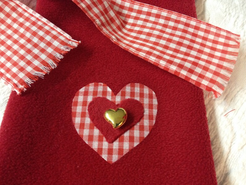 1 Red FLEECE WINE SLEEVE, Valentine Heart Wine Bag, Upcycled Fleece Wine Sleeve,Gingham Heart,Hostess Gift, Valentine Gift, Wedding Gift, image 4