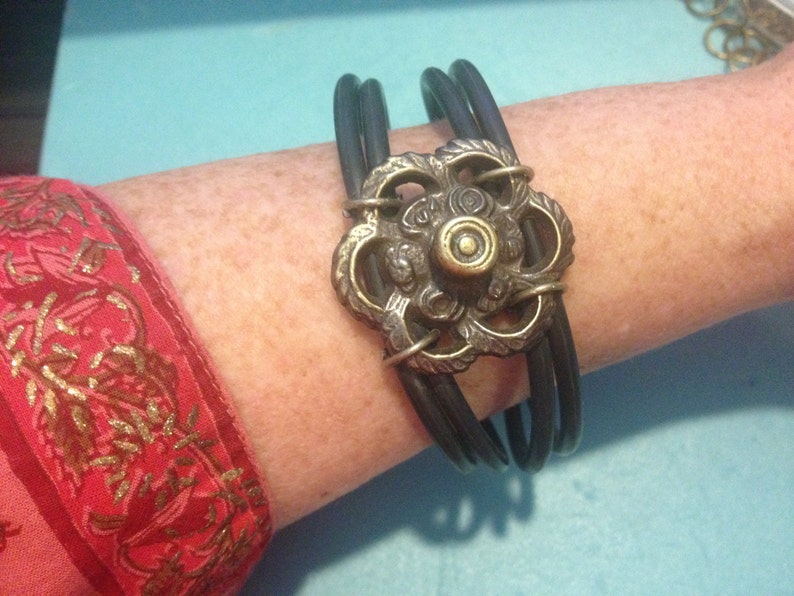 HARDWARE BANGLE BRACELET, Antique Hardware and O Rings,Repurposed Hardware,Rubber Jewelry,Steampunk Jewelry,Boho Jewelry,Avent Garde Jewelry image 1