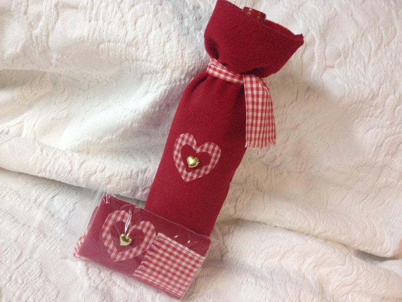 1 Red FLEECE WINE SLEEVE, Valentine Heart Wine Bag, Upcycled Fleece Wine Sleeve,Gingham Heart,Hostess Gift, Valentine Gift, Wedding Gift, image 5