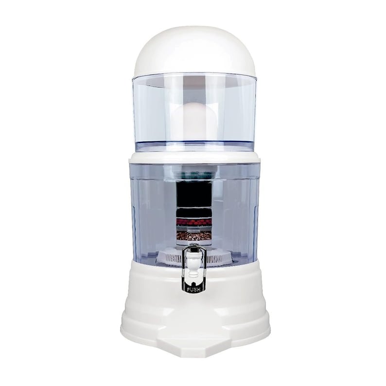 May include: White water filter pitcher with a clear top and a push button dispenser. The filter has multiple layers of filtration media.