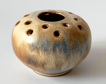 Studio ceramic Ikebana vase, flower arrangement vase, perforated vase, flowing glaze, Japandi, handmade, craft, studio pottery, signed, Flower Frog
