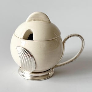 Art Deco mosterdpot van WMF, suikerpot, Waechtersbach porselein, verzilverde standaard, minimalistisch, mid-century modern, vintage jaren 50