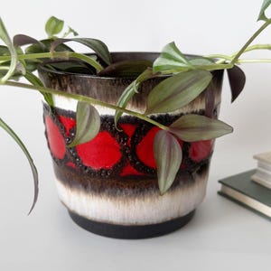 May include: A ceramic plant pot with a red, brown, and white geometric design. The pot holds a trailing plant with green and purple leaves. The pot is sitting on a white surface with a stack of books.