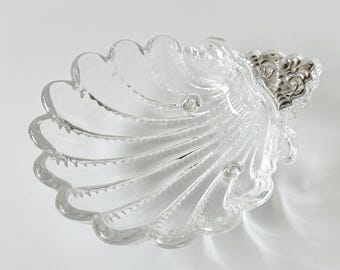 Shell-shaped bowl, lead crystal, intricately decorated silver handle, 800 silver, jewelry dish, Mid Century Modern, Vintage 1950s, gift