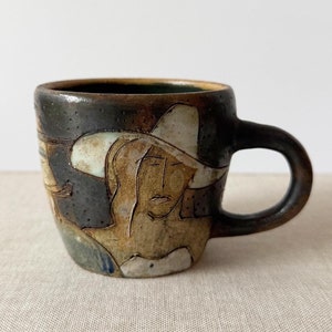 Studio ceramic cup, incised decoration, woman with hat motif, signed Meisel, decorative cup, studio pottery tea cup, gift idea, handmade
