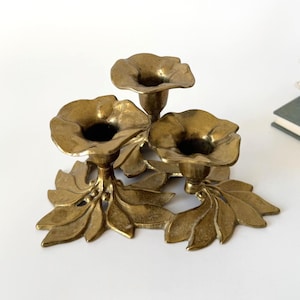 Brutalist brass tulip candlestick, Art Nouveau candlestick, solid brass, leaf relief, Mid Century, Brutalism, Vintage 60s