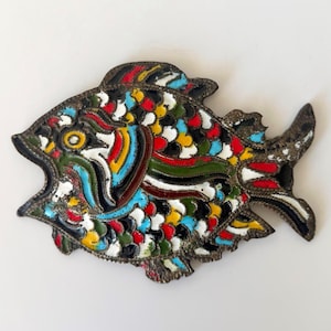 Vintage fish wall decoration enamel, fish wall picture enameled, colorful fish wall decor with hanging, handmade, mid century, retro, Pisces