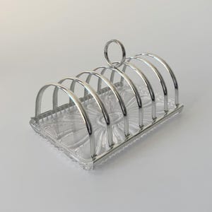 Porta tostadas de cristal de plomo, marco plateado, estilo moderno de mediados de siglo, minimalista, porta cartas, servilletero, vajilla vintage de los años 60