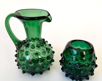 Empoli Glass Vase Set, Green Glass, Vintage Italian Glass Art, Collectible Glass, Hobnail Glass, Knobbed Glass, Wart Glass, Mid Century, 1960s