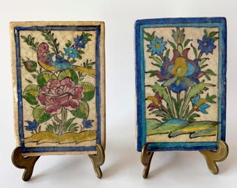 Antique Persian Iznik Qajar ceramic tiles, Qajar style, hand-painted Persian tile, floral and bird motifs, wall ceramics, wall art, rarity