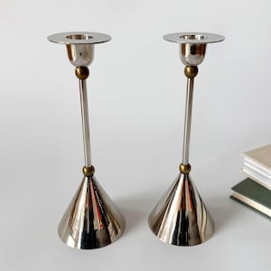 Memphis Design Chrome Candle Holder, Memphis Era, Brutalism, Postmodern, Modernist, Geometric Candlesticks, Set of 2, Vintage