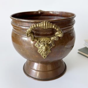 Art Nouveau copper brass flowerpot, large flower tub, copper planter, ornate lion brass handles, antique vintage