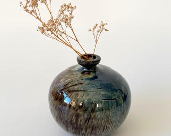 Studio Ceramic Craquelé Vase, Glazed Ceramic in Blue and Beige, Bulbous Vase, Craquelé Glaze, Handmade, Studio Pottery, Vintage