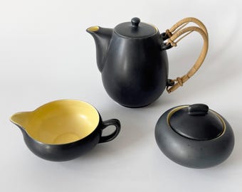 Mid-century tea set, teapot with rattan handle, ceramic, retro, milk jug, sugar bowl, coffee pot, coffee service, black and yellow, vintage