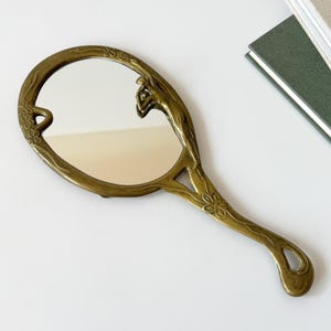 Antique Art Nouveau hand mirror, solid brass, Art Nouveau mirror with handle, cosmetic mirror, dressing table decor, ornamental frame