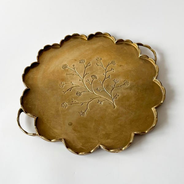 Art Nouveau Collini brass tray, floral relief, flower decor, solid brass, mid-century, decorative tray, signed