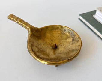Mid-century bronze candle holder, Brutalist style, brass candle plate with spike and handle, handmade, Bauhaus design, vintage, 1960s