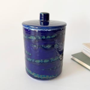 Mid-century studio ceramic lidded box, hand-painted in shades of blue, jewelry box, trinket box, storage, handmade, studio pottery
