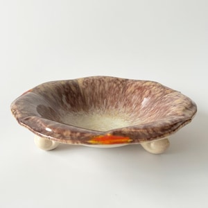 Art Deco ceramic bowl, running glaze, orange accents, ceramic bowl with feet, West Germany, Mid Century Modern, West German Pottery