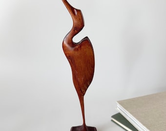 Mid-century wooden crane sculpture, vintage teak wood bird figurine, heron bird decorative figure, crane statuette, carving, MCM 1960s
