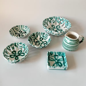 Gmundner Keramik bowl, bowls, serving bowl, serving, green flamed, hand-painted, glazed ceramic, vintage tableware, Made Austria