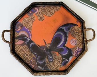 Art Deco tray by Kurt Wendler, butterfly design, silk painting of butterflies and ornaments under glass, raffia mounted, basket frame handles, 1922