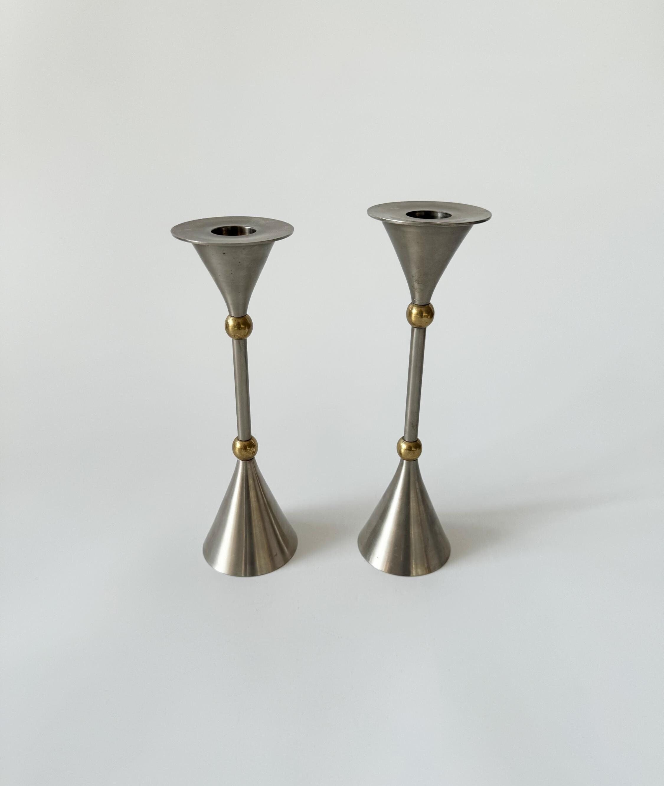 Memphis Milano design candle holders, set of 2, Memphis era, solid metal, postmodern design, modernist, geometric candlesticks, vintage